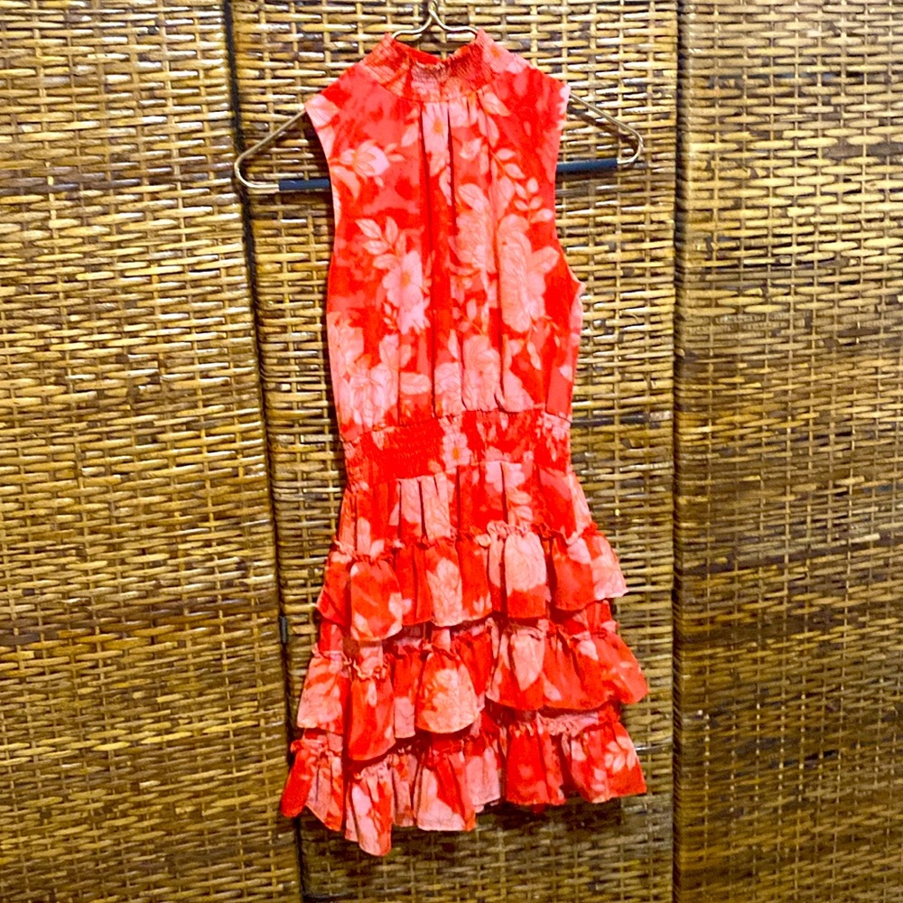 EUC 1. State Orange Floral Smocked Ruffle Tiered Mini Dress XS